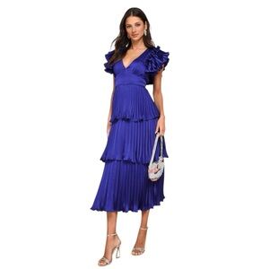 Lulus Stunning Desire Cobalt Blue Satin Pleated Tiered Midi Dress NWT